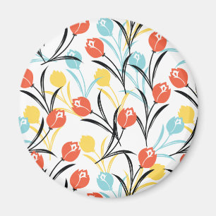 Imã Padrão de Tulipas Vibrante Design Floral em Branco