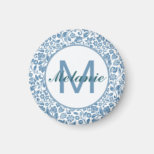 Imã Padrão Floral Azul Branco Vintage Personalizado
