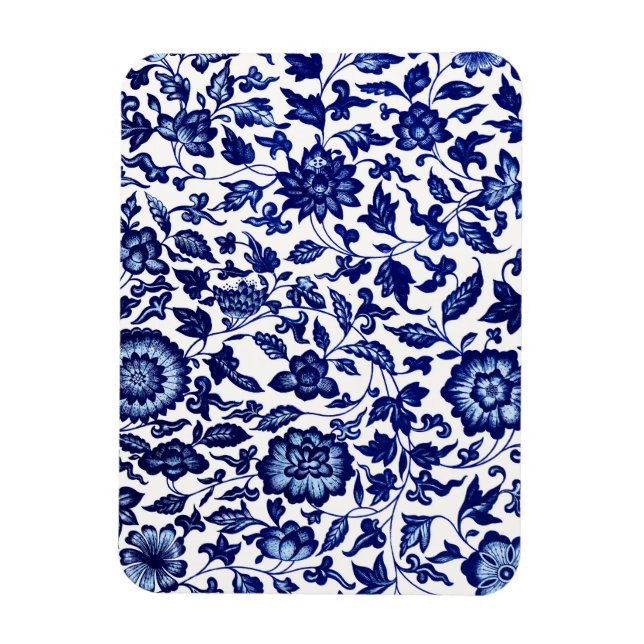 Ímã Padrão floral azul-marinho chinês em branco (Vertical)