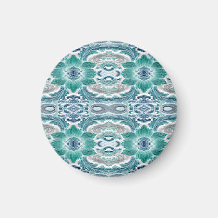 Imã Padrão Floral Barroco Azul e Verde Água Elegante