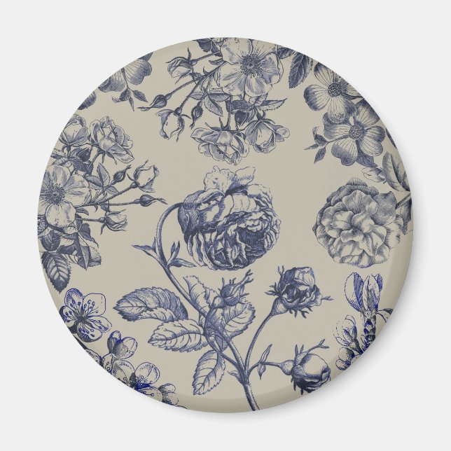 Imã Padrão Floral Botânico Toile Azul Vintage (Frente)