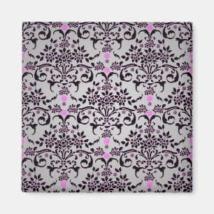 Imã Padrão Floral Damasco Preto Prateado Roxo Elegante
