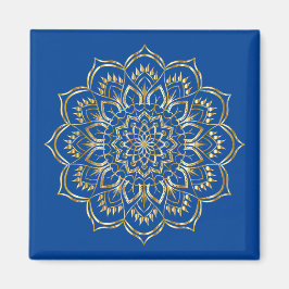 Imã Padrão Floral de Mandala Azul e Dourado Elegante