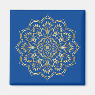 Imã Padrão Floral de Mandala Azul e Dourado Elegante