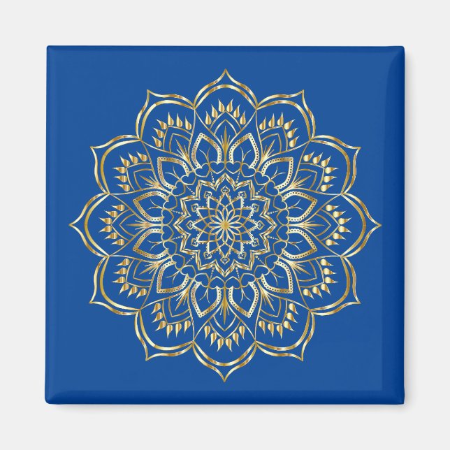 Imã Padrão Floral de Mandala Azul e Dourado Elegante (Frente)