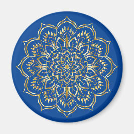 Imã Padrão Floral de Mandala Azul e Dourado Elegante