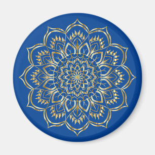 Imã Padrão Floral de Mandala Azul e Dourado Elegante
