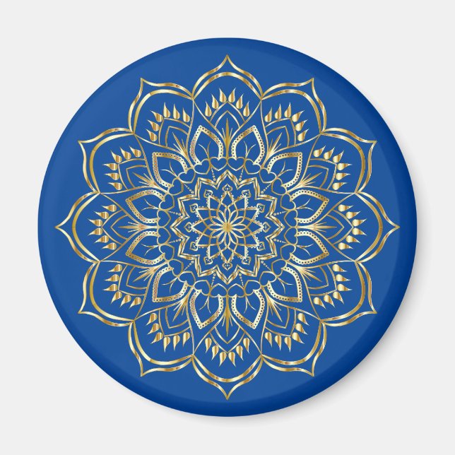 Imã Padrão Floral de Mandala Azul e Dourado Elegante (Frente)