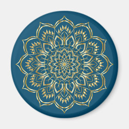 Imã Padrão Floral de Mandala Azul Elegante e Dourado