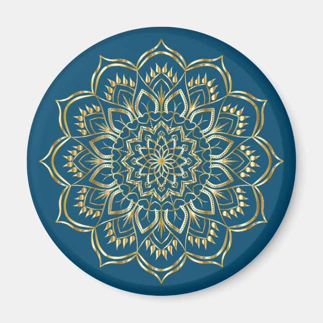 Imã Padrão Floral de Mandala Azul Elegante e Dourado (Frente)
