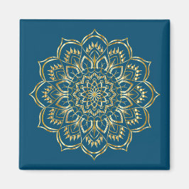 Imã Padrão Floral de Mandala Azul Elegante e Dourado