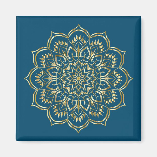Imã Padrão Floral de Mandala Azul Elegante e Dourado (Frente)