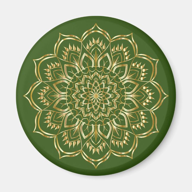 Imã Padrão Floral de Mandala Elegante Verde e Dourada (Frente)