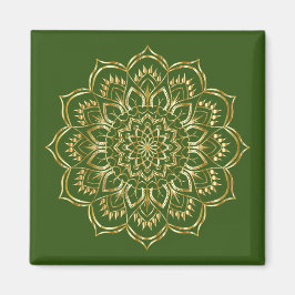 Imã Padrão Floral de Mandala Elegante Verde e Dourada