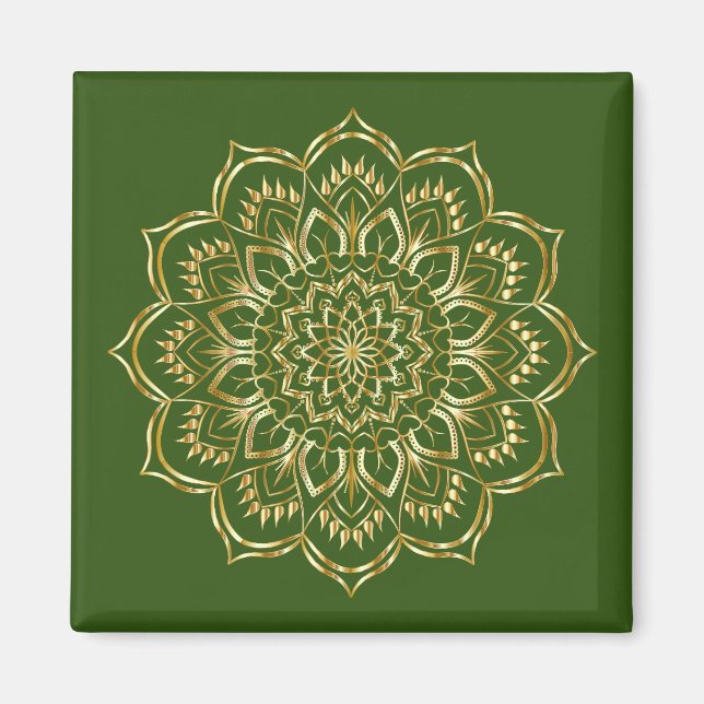 Imã Padrão Floral de Mandala Elegante Verde e Dourada (Frente)