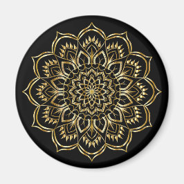 Imã Padrão Floral de Mandala Preto e Dourado Elegante