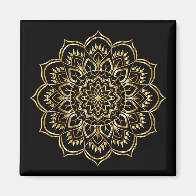 Imã Padrão Floral de Mandala Preto e Dourado Elegante (Frente)