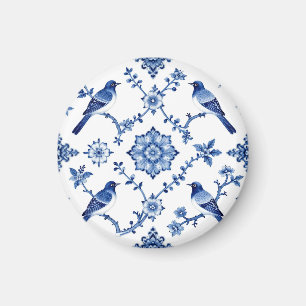 Imã Padrão Floral de Pássaro Chinoiserie Azul