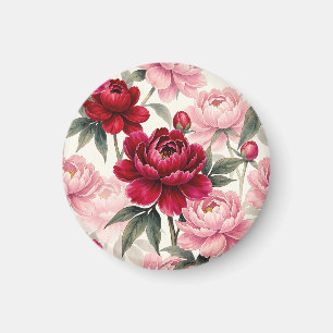 Imã Padrão Floral de Peônia em Aquarela Vermelho Inten