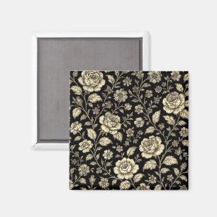 Imã Padrão Floral Rosa Dourada Vintage em Preto