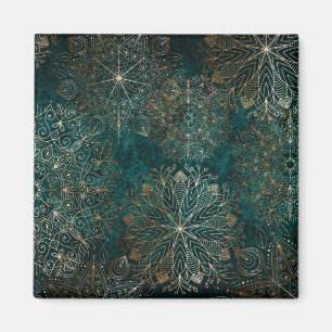 Imã Padrão Floral Verde Elegante, Dourado e Teal