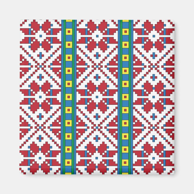 Imã Padrão geométrico tribal vermelho, azul e estrela  (Frente)