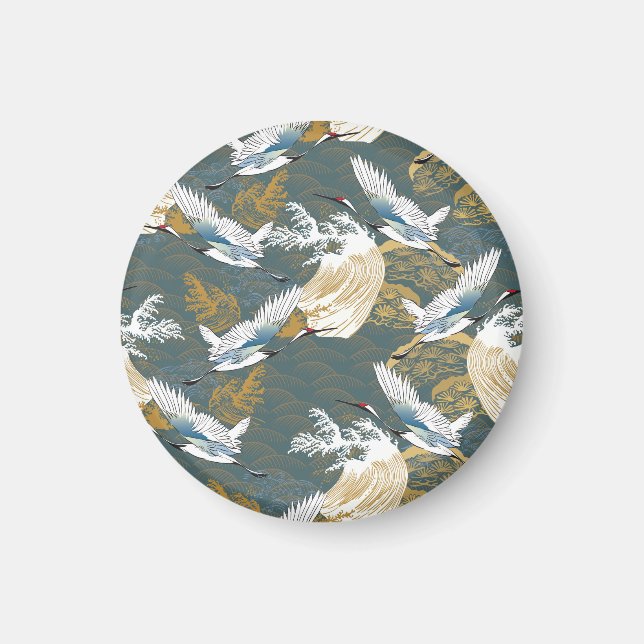 Imã Padrão Japonês De Vintage Crane Birds (Frente)