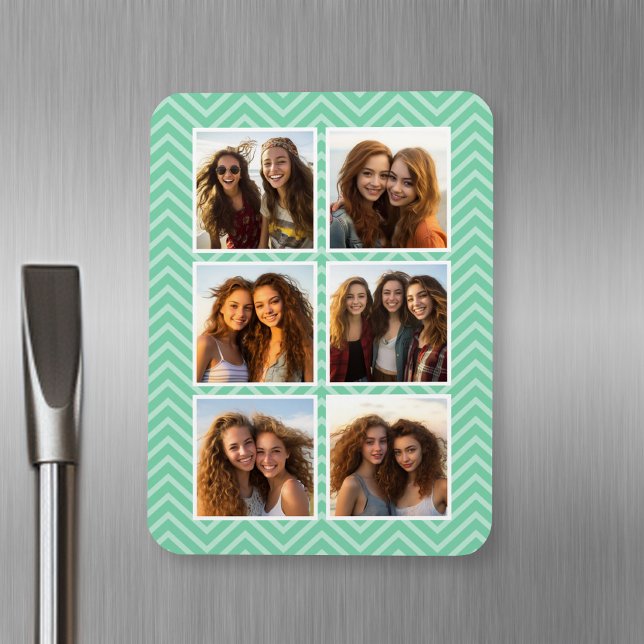 Ímã Padrão Mint Chevron com Colagem de Fotos Trendy 6 (Personalized fridge magnet with photos and text)