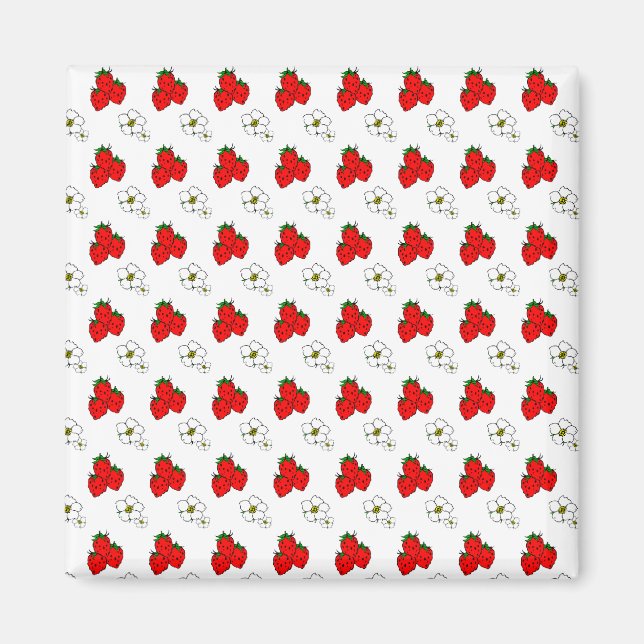 Imã Padrão Retro de Morango Vermelho e Flor (Frente)