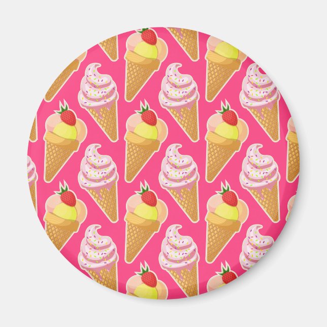 Imã Padrão rosa Kawaii com sorvete de morango (Frente)