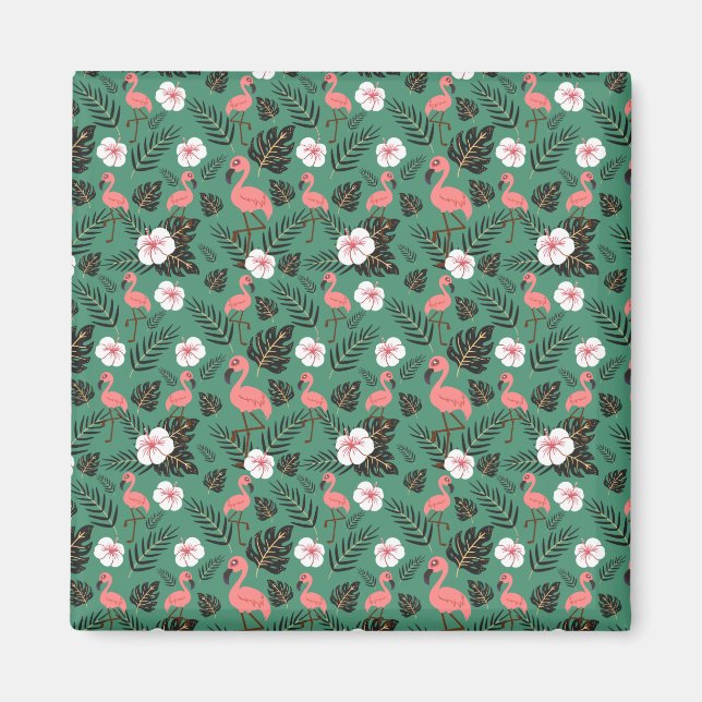 Imã Padrão uniforme Flamingo rosa sobre fundo verde (Frente)
