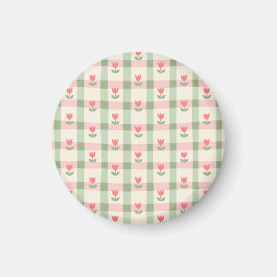 Imã Padrão Xadrez de Tulipa Fofa Floral Pastel
