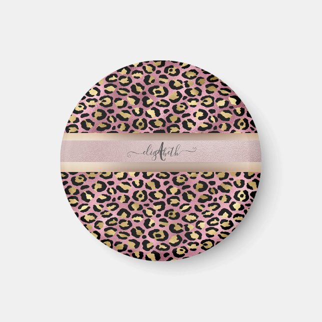 Imã Padrões leopardo Monograma Rosa Dourado Preto (Frente)