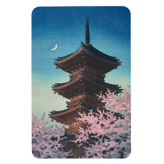 Ímã Pagode de uma Noite de Primavera em Xilogravura Ja (Vertical)
