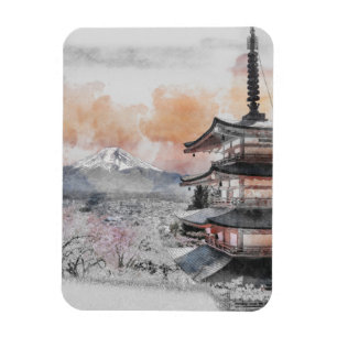 Ímã Pagode Japonesa em Aquarela & Mt. Fuji