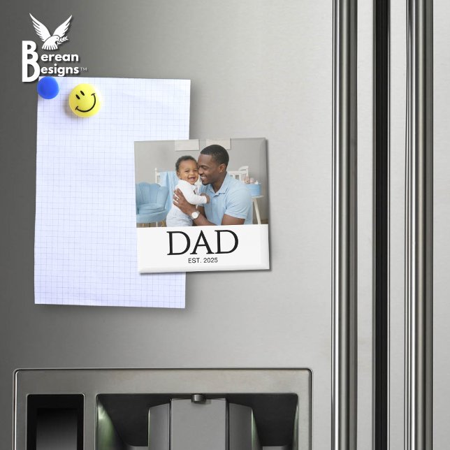 Imã Pai Estabeleceu Ímã de Presente de Foto (DAD ESTABLISHED white magnet with customizable photo and year. Ideal gift for Father's Day. )