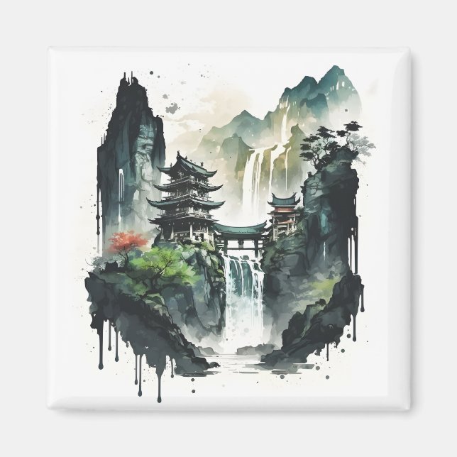 Imã Paisagem Chinesa Antiga com Cascata (Frente)