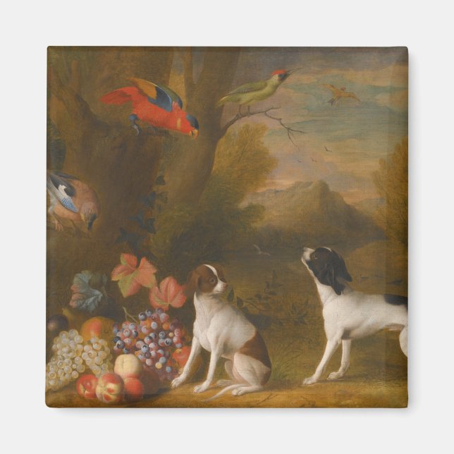 Imã Paisagem com aves exóticas e dois cães (Frente)