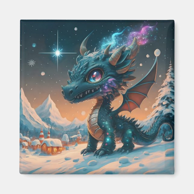 Imã Paisagem de inverno de Chibi Dragon Mystical (Frente)