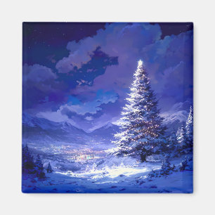 Imã Paisagem de montanha nevada com árvore de Natal br