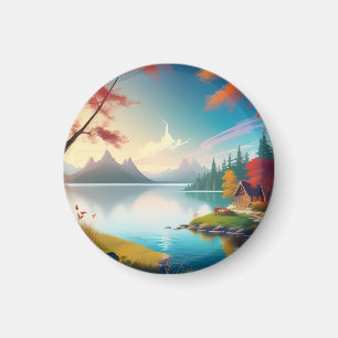 Imã Paisagem natural com um lago e cabana