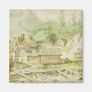 Imã Paisagem nórdica com cabana e o Weir de madeira