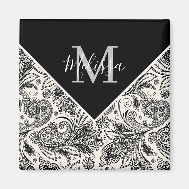 Imã Paisley preto e branco (Frente)