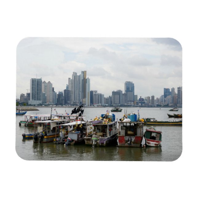 Ímã Panamá City Skyline Com Barcos De Pesca (Horizontal)