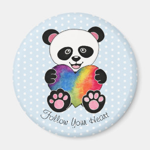 Imã Panda bonito da aguarela com coração do arco-ír