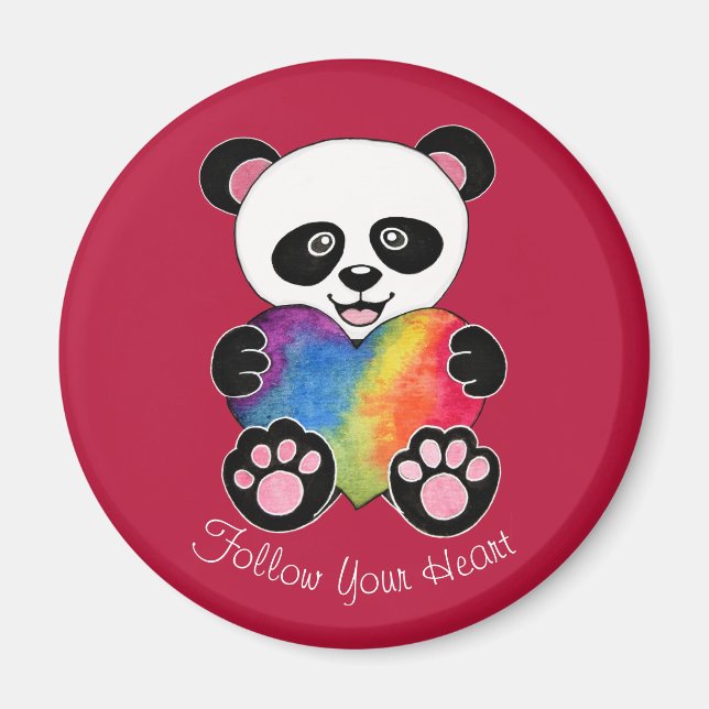 Imã Panda Cuta De Aquarela Com Coração Arco-Íris (Frente)