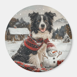 Imã Pano Collie Dog Snowman na fronteira de Natal