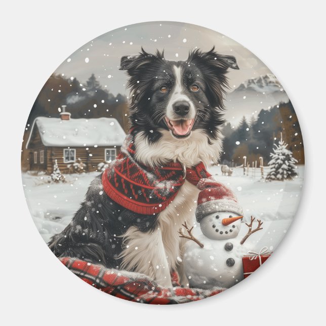 Imã Pano Collie Dog Snowman na fronteira de Natal (Frente)