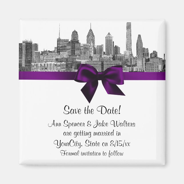 Imã Panorama da Filadélfia Etch BW  Roxo Save the Date (Frente)