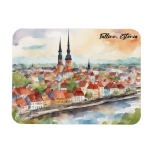 Ímã Panorama de Tallinn Estônia Pintura em Aquarela
